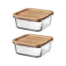 Bambu Kapaklı Kare Kase Cam Saklama Kabı 15 CM 600 ML 2 Adet Şeffaf