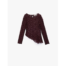 Koton Uzun Kollu Bisiklet Yaka Asimetrik Kesim Dantel Bluz Bordo 6wkg60113ak Bordo