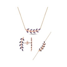 Gümüş Rose Mor Taşlı Yaprak Üçlü Set