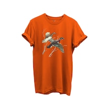Uçan Yaban Ördekleri Çizim Baskılı %100 Pamuk Regular Fit Bisiklet Yaka Unisex T-shirt Turuncu