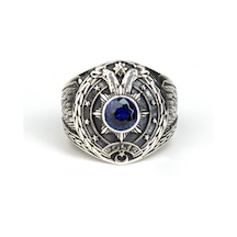 Çift Başlı Kartal Motifli Ay Yıldız Detaylı Mavi Taşlı 925 Ayar Gümüş Polis Yüzüğü