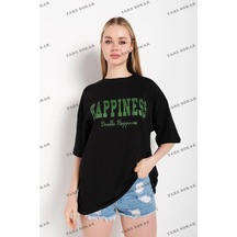 Startmore Kadın Beyaz Happıness Baskılı Oversize Siyah