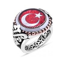 925 Ayar Gümüş Mineli Türk Bayrağı Kenarı Çember Taşlı Erkek Yüzü - 554715481