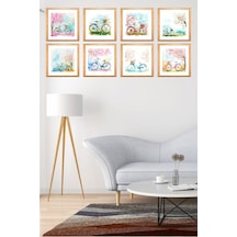 8 Parça Ahşap Çerçeve Görünümlü Dekoratif Mdf Tablo Seti, Ev, Salon Ofis Duvar Tabloları