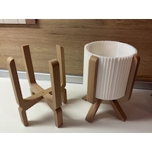 3d Baskı Ayaklı Çizgili Saksı - Bej Standlı Dekoratif Saksı - Beyaz