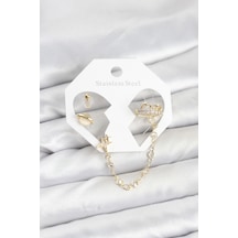 Pirinç Gold Renk Uzay Model Zincir Bağlantılı Ear Cuff Küpe Seti - Çok Renkli