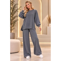 Bul-al Kadın Oversize Bisiklet Yaka Uzun Kollu Tunik Ve Cepli Olmayan Bol Paça Pantolon İkili Takım Gri
