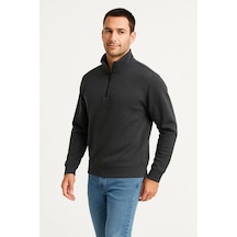 Erkek Dik Yaka Yarım Fermuarlı 3 İplik Pamuklu Sweatshirt - Antrasit