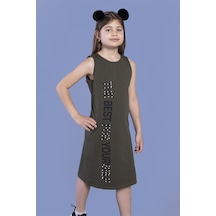 Toontoy Kız Çocuk İnci Detaylı Baskılı Elbise Haki