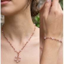 Pembe Kuvars Kolye Ve Bileklik Bakır Set Açık Pembe