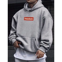 Freedom Sweatshirt - Gri Baskılı Oversize Kışlık Kalın Kapüşonlu Gri