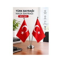 Türk Bayrağı Masa Bayrağı İkili Set Masaüstü Bayrak Seti Direk İle Birlikte Standart