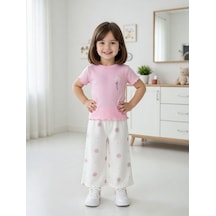 Cg Kids Pamuklu Fitilli Nakışlı Tshirt & Müslin Çiçek Nakışlı İspanyol Paça Pantolon Süper Kalite Pembe