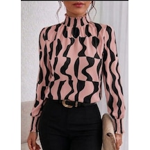 Kadın Uzun Kollu Balıkçı Yakalı Desenli Süprem Bluz Pembe