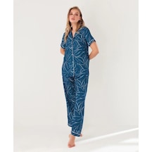 Blu Dream 10104 Dokuma Viscon Önden Düğmeli Kısa Kol Pijama Takımı Lacivert