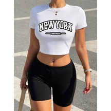 Tarzsokak Yaz New York Neşeli Mektup Baskılı Babby Tees Ve Şort Kadın İki Parçalı Set Tişörtler İnce O-b Beyaz
