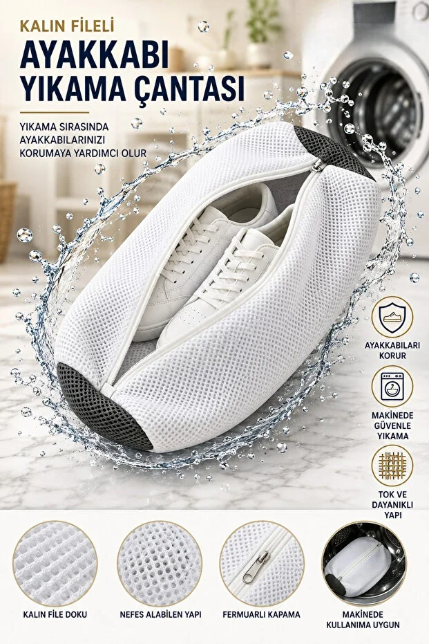 Lüks Premium Ayakkabı Yıkama Çantası Hızlı Kuruyan Tüy Bırakmayan Kalın Fileli Fermuarlı Beyaz