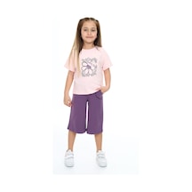 Toontoy Kids Toontoy Kız Çocuk Daisy Yazılı Çiçek Baskılı Kaprili Takım Pudra
