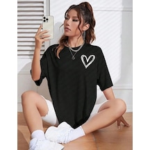 Kadın Tişört Bisiklet Yaka Baskılı Oversize T-shirt - Siyah