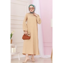 Sevitli Beli Kuşaklı Luna Tesettür Elbise-bej-4890 Bej