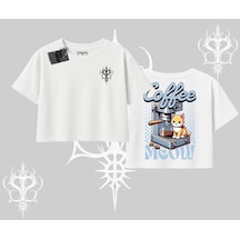 Startmore Coffee Meow Kahve Temalı Kedi Arka Baskılı Oversize Crop Tshirt Beyaz