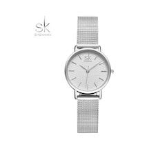 Gümüş Shengke Sıcak Satış Şerit Örgü Paslanmaz Çelik Kadın Saatleri Minimalist Tarzı Bayanlar Kuvars Kol Saatleri Zarif Saat