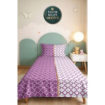 Mor Geometrik Dekoratif Pike Takımı - Lila Beyaz Kapitone Yatak Örtüsü Seti Tek Kişilik 160x220 Cm Kadife Koru Havası