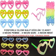 Buğz Fosforlu Kalp Model Glow Parti Gözlüğü Karanlıkta Yanan Gözlükler 12 Adet