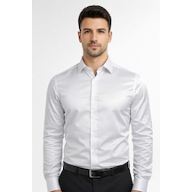 Classics Men Slim Fit Uzun Kollu Kolay Ütü Pamuk Saten Erkek Gömlek Beyaz