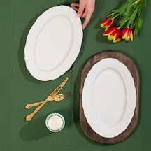 Porsima 4446 Tiffany Porselen Platin Fileli Kayık Tabak Seti - Oval Kahvaltılık Sunumluk Seti 30cm Beyaz
