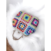 Embahandmde El Yapımı Metal Klipsli Renkli Granny Square Omuz Çantası Gümüş Zincirli Ekru - Çok Renkli