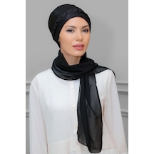 Hürrem Bone Siyah Pratik Hazır Geçmeli Tesettür Bone Fukuro Piliseli Örgülü Ş Siyah
