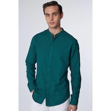 Tudors Slim Fit Uzun Kollu Dar Kalıp Hakim Yaka Pamuklu Düz Keten Doku Yazlık Yeşil Erkek Gömlek-30475-yeşil Yeşil