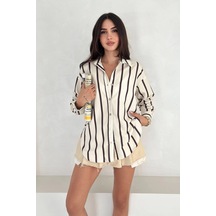 Pamuk Viscon Dijital Baskı Sonsuz Çizgi Gömlek Krem