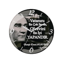 Atatürk Vatanını Seven Görevini Bombeli Gerçek Cam Duvar Saati Siyah