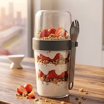 Porsima 5817 Yoğurt Kabı Kendinden Kaşıklı Pratik Taşınabilir Kaşıklı Atıştırmalık Kabı-antrasit 400ml+200ml
