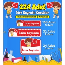 Türk Bayraklı Çocuklar Okul Kreş Kişiye Özel İsim Etiket Seti - Model 488 Çok Renkli