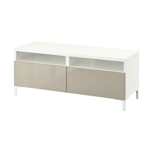 Tv Sehpası, Beyaz-parlak Cila-bej, 120x42x48 Cm, Selsvıken, Fren Raylı Beyaz