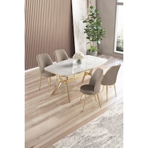 Canisa Lena Serisi 90x160 Lak Panel Beyaz Mermer Desen Gold Kaplama Ayaklı Masa Takımı Ve 4 Sandalye Beyaz Mermer Desen Masa,cappucino Sandalye