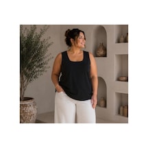 Gülmina Moda Kadın Büyük Beden Kare Yaka Ön Tulum Atlet - Siyah
