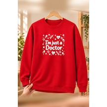 Mor Mürekkep Doktor Doctor Meslek Yazısı Baskılı Erkek Bisiklet Yaka Sweatshirt - Kırmızı