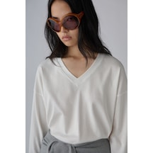 Suud Collection Beyaz Corrie V Yaka Uzun Kollu Tişört