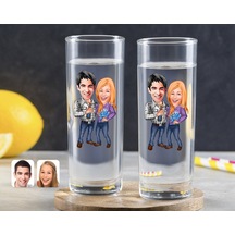 Kişiye Özel Renkli Baskılı Sevgililer Karikatürlü İkili Vodka Bardağı-50 Çok Renkli