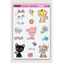 Sevimli Yavru Kedi Sticker Seti - 14 Adet Etiket Çıkartma Çok Renkli