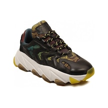 Ash Extreme Siyah Yeşil Yilan Desenlı Deri Yüksek Tabanlı Kadın Sneaker Siyah