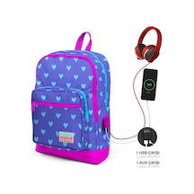 Coral High Kids Kalp Desenli Lavanta Pembe Usb Şarjlı Kulaklık Çıkışlı Sırt Çantası
