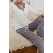 Siyah İnci Gömlek Yaka Düğmeli Milan Örme Pijama Takım25224008 Ekru