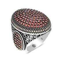 Gümüş Kırmızı Zirkon Taşlı Oval Erkek Yüzük (551185710)