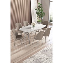 Canisa Lena Serisi 90x160 Lak Panel Beyaz Mermer Desen Krom Ayaklı Masa Takımı Ve 6 Cappucino Sandalye Beyaz Mermer Desen Masa Sandalyeler Cappucino