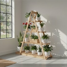 Doğal Ahşap 5 Katlı Merdiven Çiçeklik - 150x150 Cm Taşınabilir Saksı Standı Balkon Bahçe Rafı Bej